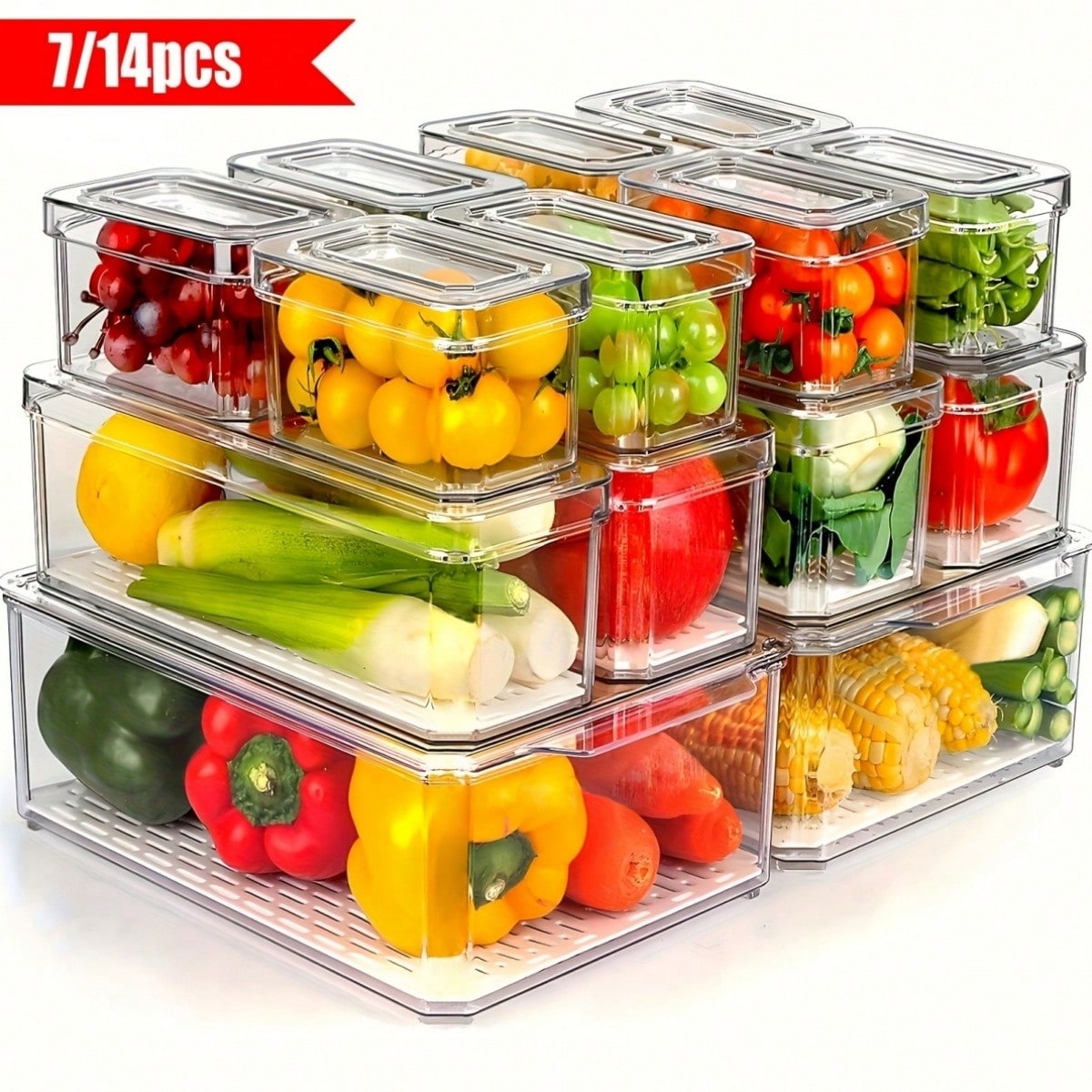 Food Storage In Cabinets - ชุดกล่องจัดระเบียบตู้เย็นแบบซ้อนกันได้ 7/14 ชิ้น พร้อมฝาปิด ช่วยประหยัดพื้นที่ สำหรับเก็บอาหาร