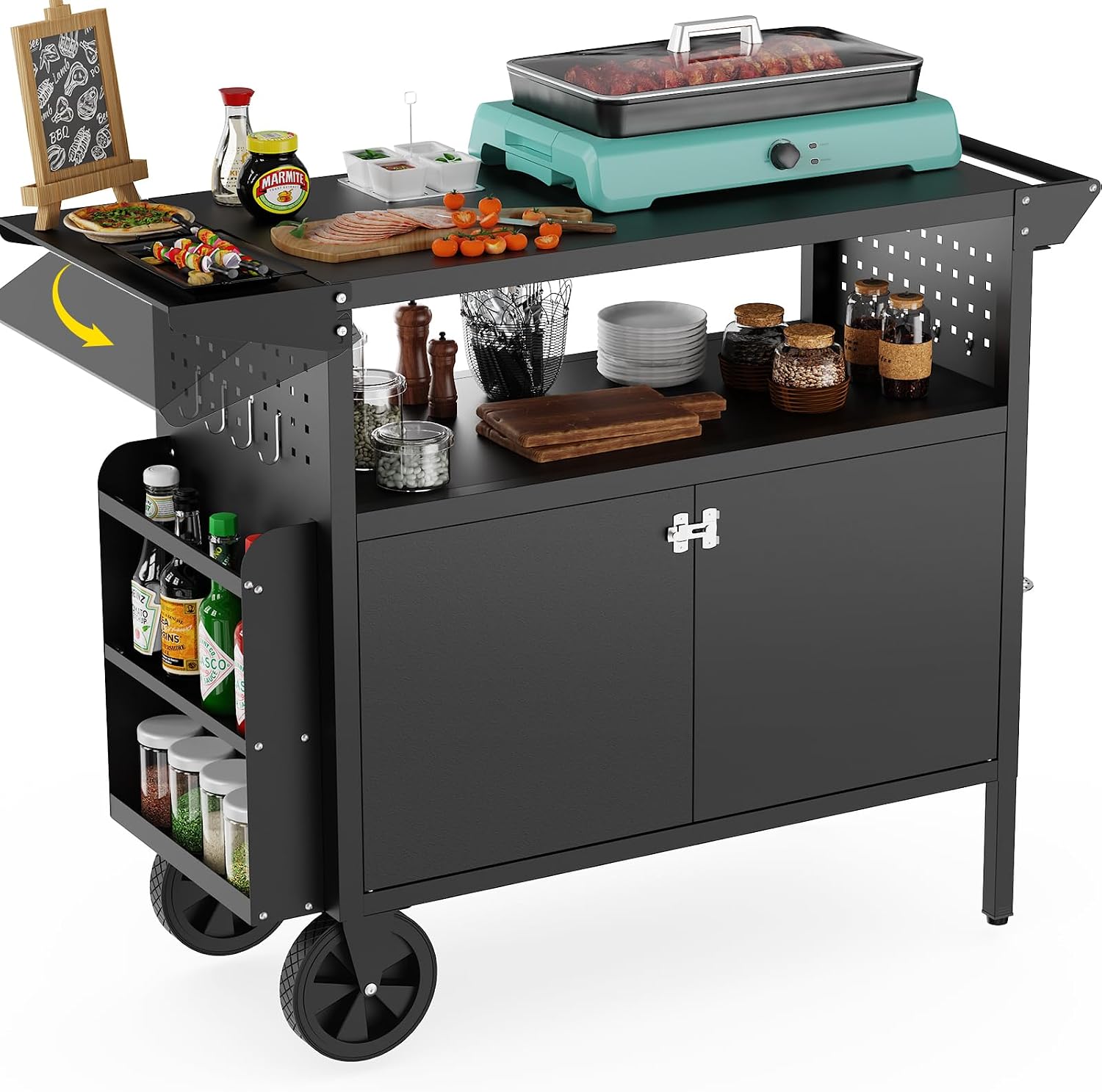 Food Storage Kitchen - รถเข็นปิ้งย่างกลางแจ้งพร้อมโต๊ะเก็บของ ชุดครัวเคลื่อนที่พร้อมล้อ โต๊ะพับได้สำหรับเตรียมอาหารบาร์บีคิว หน้าโต๊ะเหล็กแข็งแรงทนทานสำหรับลานบ้านและแคมป์ปิ้ง