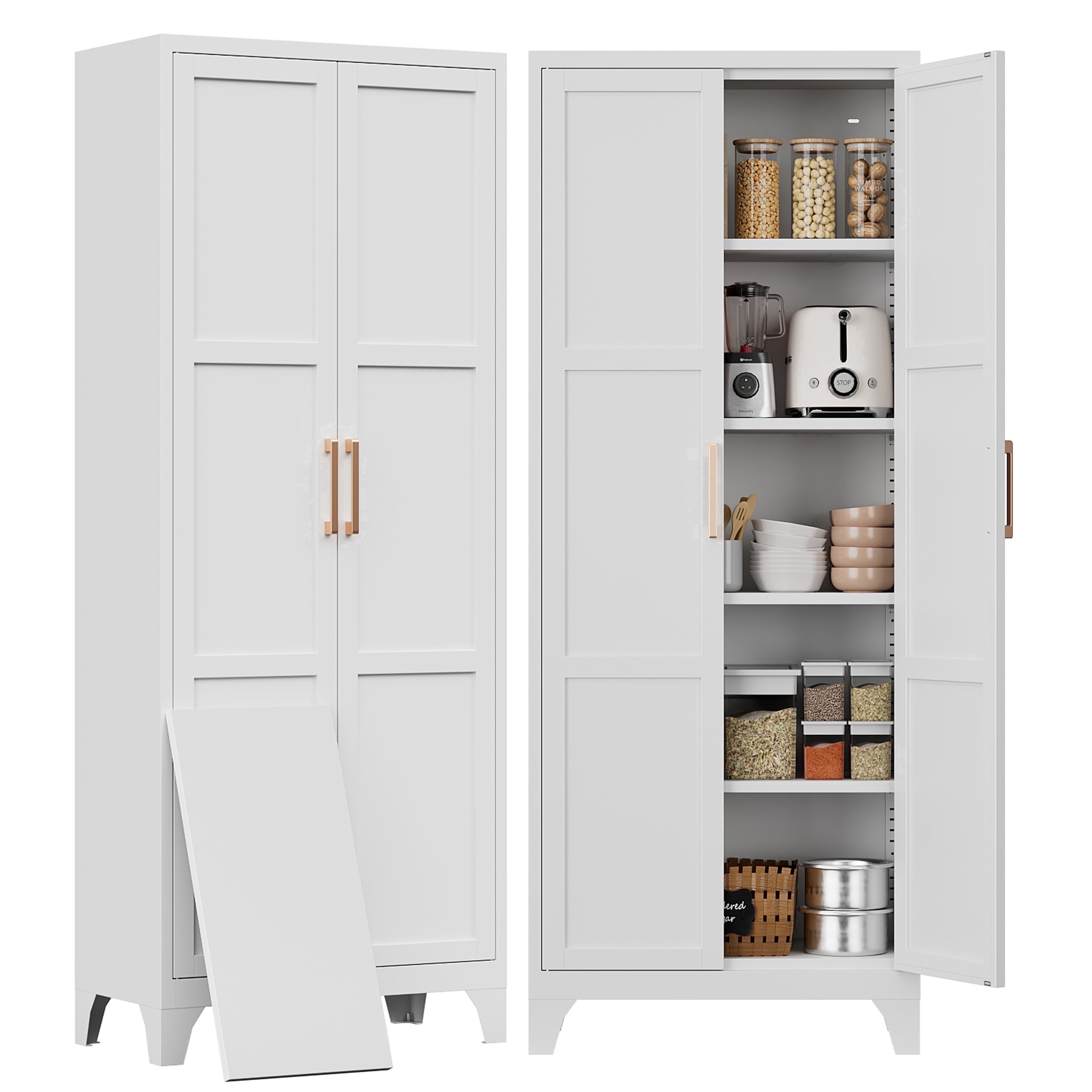 Food Storage In Cabinets - ตู้เก็บของในครัวขนาด 71 นิ้ว, ตู้เก็บของในครัวพร้อมประตูและชั้นวางปรับระดับได้, ตู้เก็บของในครัวโลหะสีขาว, ตู้เก็บอาหารสำหรับห้องครัวและห้องรับประทานอาหาร