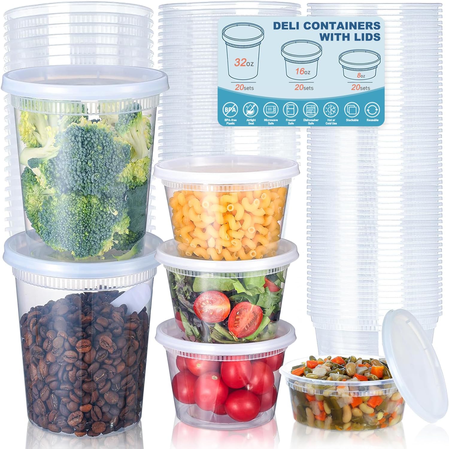 Food Storage Freezer - 24 ชิ้น Deli ภาชนะเก็บอาหารพร้อมฝาปิด, ภาชนะเก็บอาหารพลาสติก 8