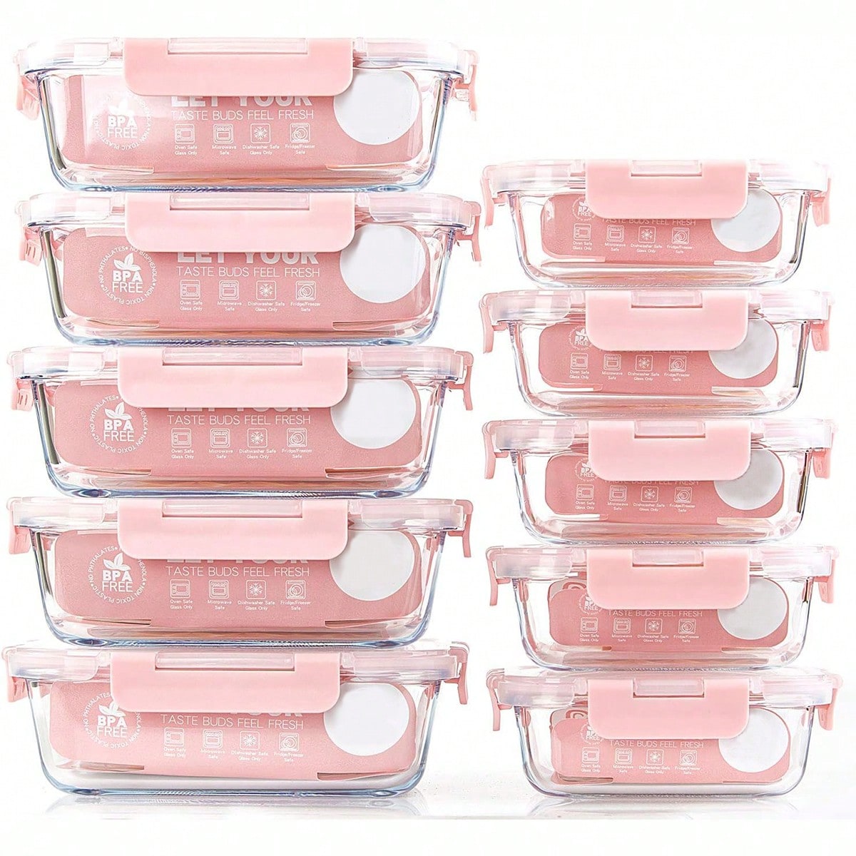 Food Storage Freezer - ชุดกล่องแก้วสำหรับเตรียมอาหาร 10 ชิ้น, กล่องเก็บอาหารพร้อมฝาปิดที่ปิดสนิท, กล่องอาหารกลางวันแก้ว, ใช้ได้กับไมโครเวฟ,