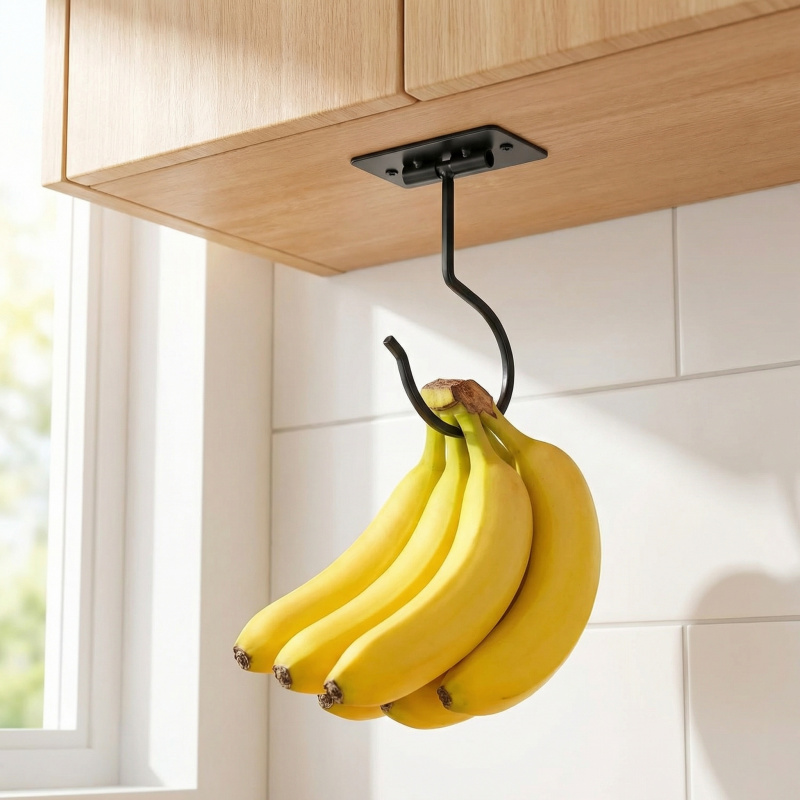 Food Storage Kitchen - ตะขอแขวนกล้วยแบบติดผนังโลหะสีดำ พับเก็บได้ ช่วยประหยัดพื้นที่ ใช้จัดระเบียบอาหารในตู้ครัว 1-2 ชิ้น