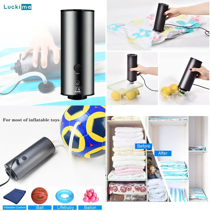 Food Storage Vacuum Bags - เครื่องดูดฝุ่นแบบพกพา 2 in 1 พร้อมปั๊มลมขนาดเล็กสำหรับเดินทาง ใช้กับถุงเก็บอาหารสุญญากาศ